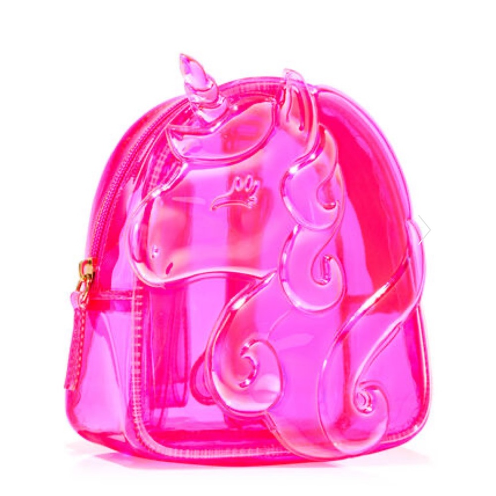 Clear unicorn backpack purse /cosmetic bag, pink, measures 5.75" W 6.125" H